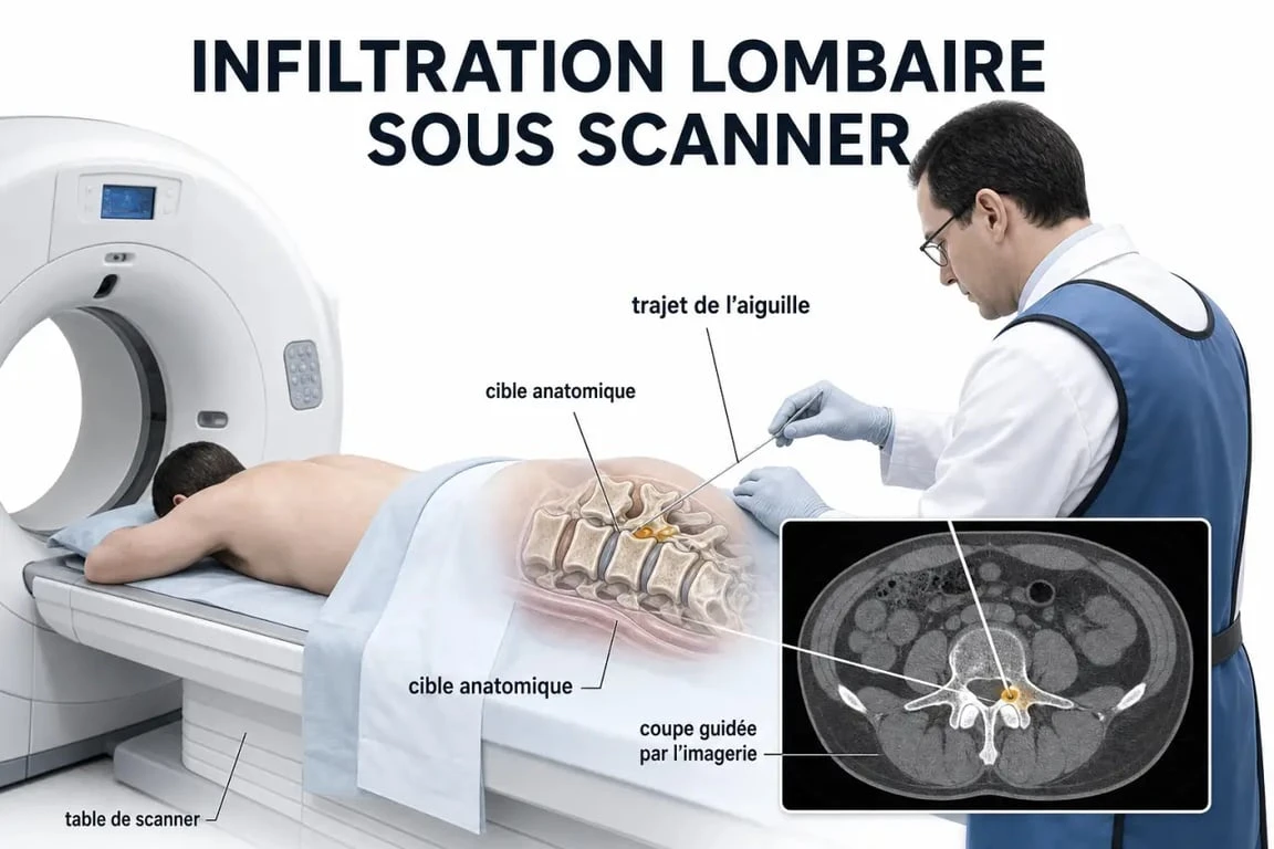 Infiltration sous scanner : schéma médical du guidage de l’aiguille en salle de scanner