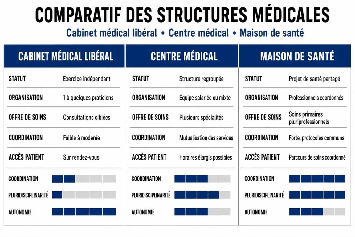 Infographie comparative des structures de soins : cabinet médical, centre médical et maison de santé