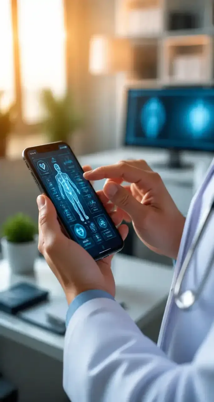 Médecin consultant des données de santé connectée sur son smartphone