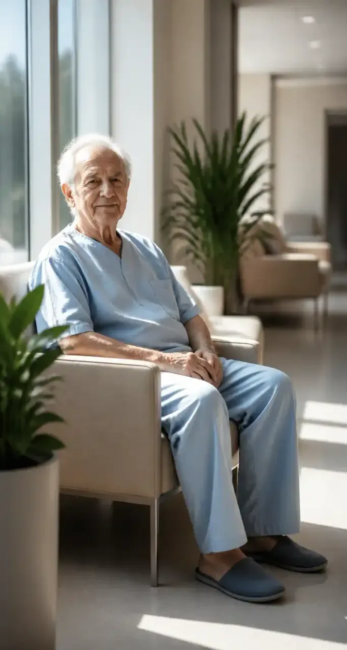 Patient serein dans la salle d'attente d'un établissement de santé moderne