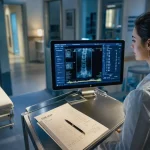 Technicienne avec scanner dexa DXA : mesure densité osseuse, graisse et muscle
