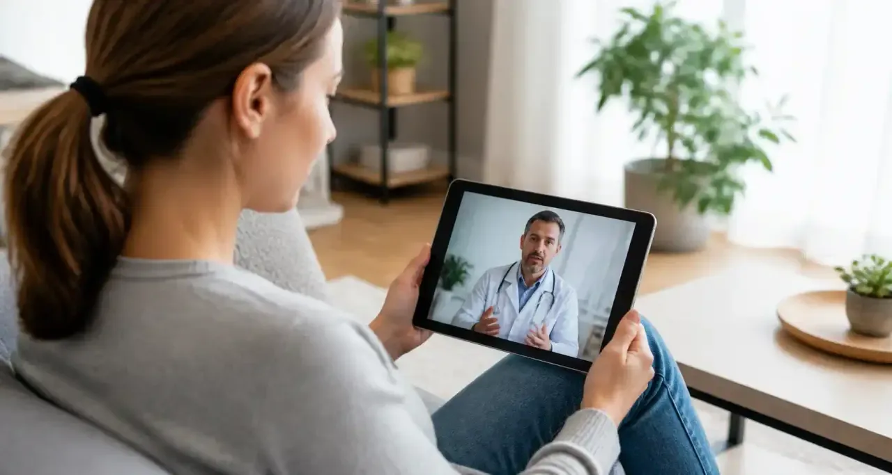 Femme en téléconsultation médicale sur tablette depuis son domicile