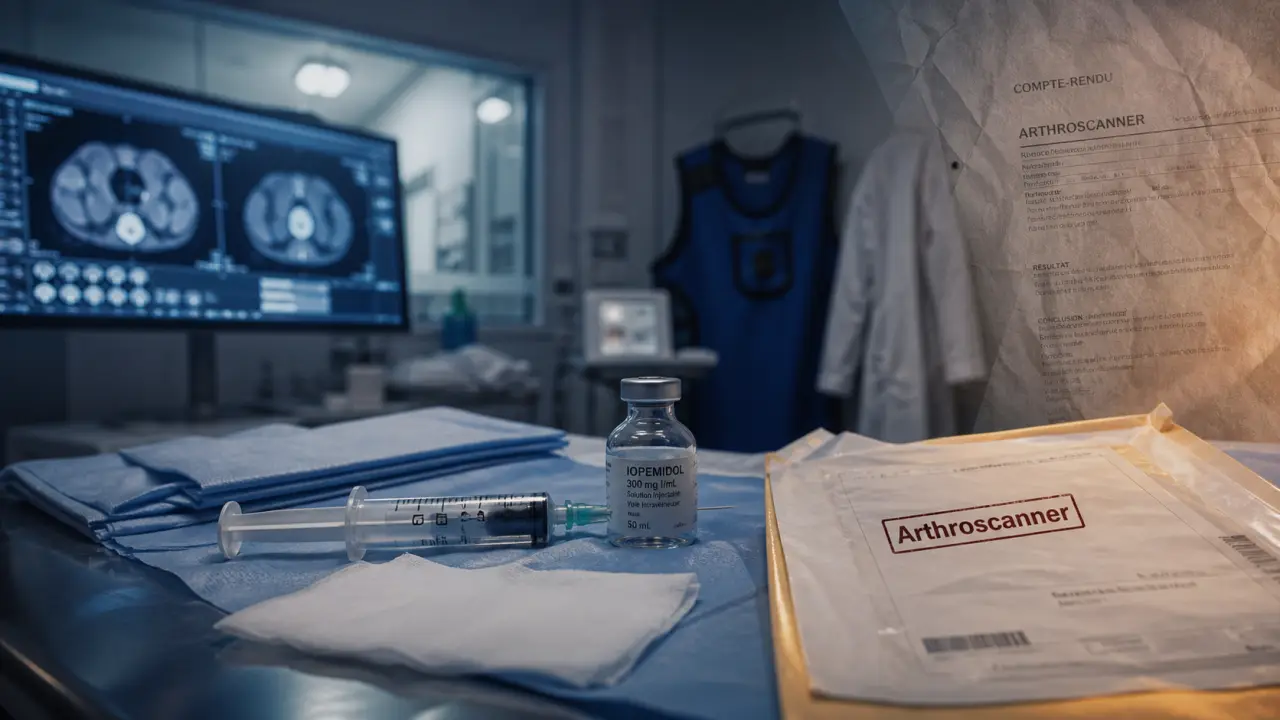 Arthro scanner : injection intra-articulaire en radiologie, seringue et produit iodé