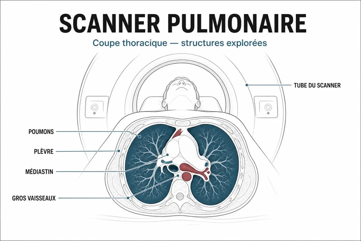 Scanner pulmonaire illustré avec coupe du thorax et mise en évidence des poumons