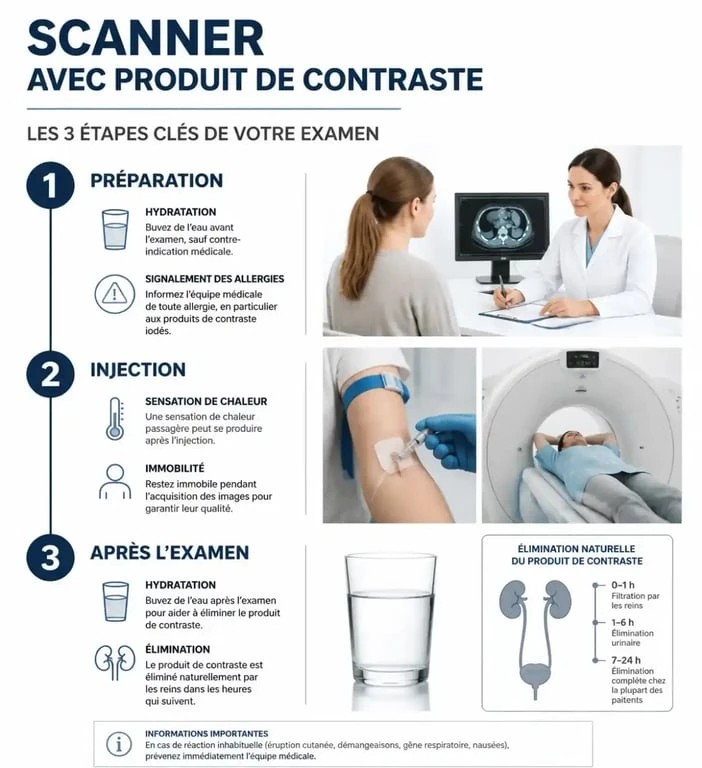 Infographie du parcours patient pour un scanner avec produit de contraste