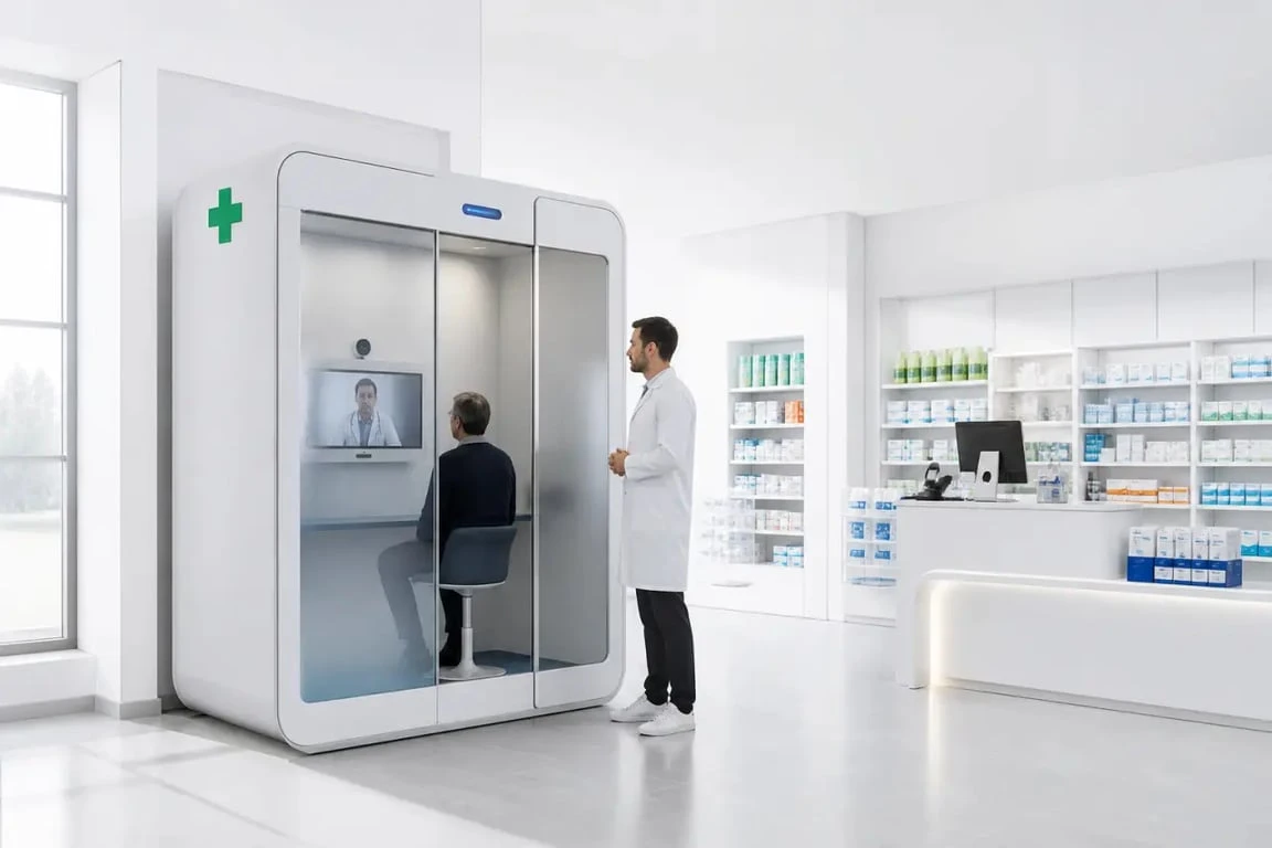 Cabine téléconsultation médecin Tessan avis : patient en pharmacie pendant une téléconsultation médicale encadrée