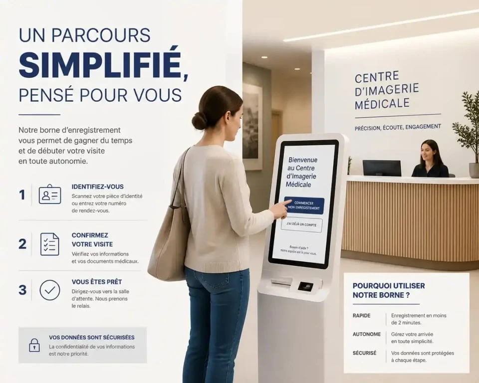 Accueil et bornes d'auto-enregistrement au centre IRM du Golfe à Vannes