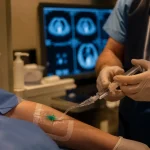 Produit de contraste scanner : perfusion et seringue en salle d’examen TDM
