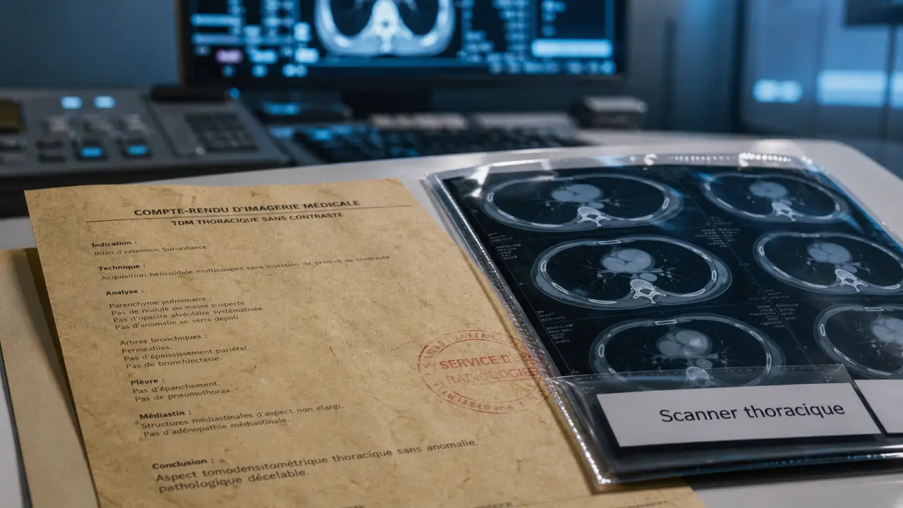 Scanner thoracique : poumons, médiastin, cœur et vaisseaux visibles