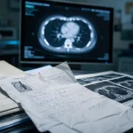 scanner pulmonaire en cabinet de radiologie, dossier et coupe thoracique