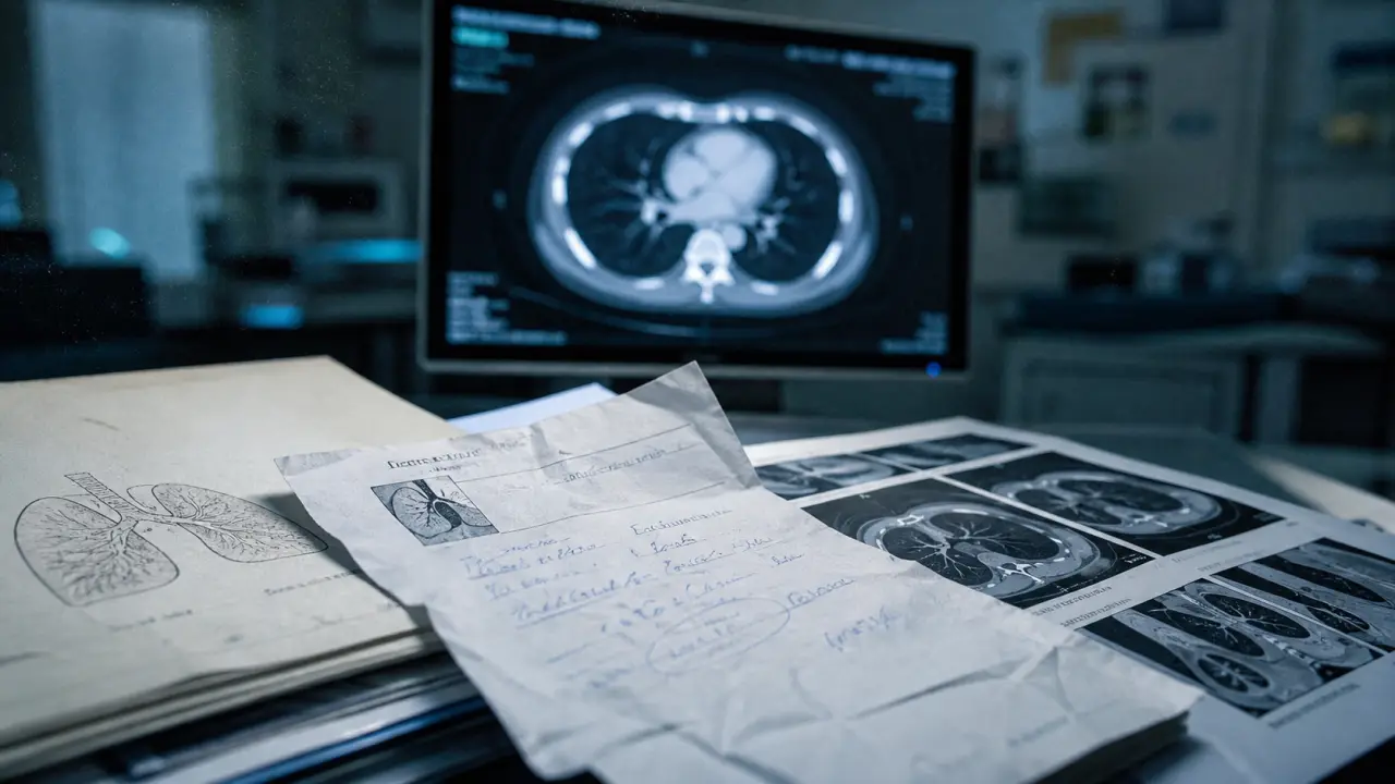 scanner pulmonaire en cabinet de radiologie, dossier et coupe thoracique