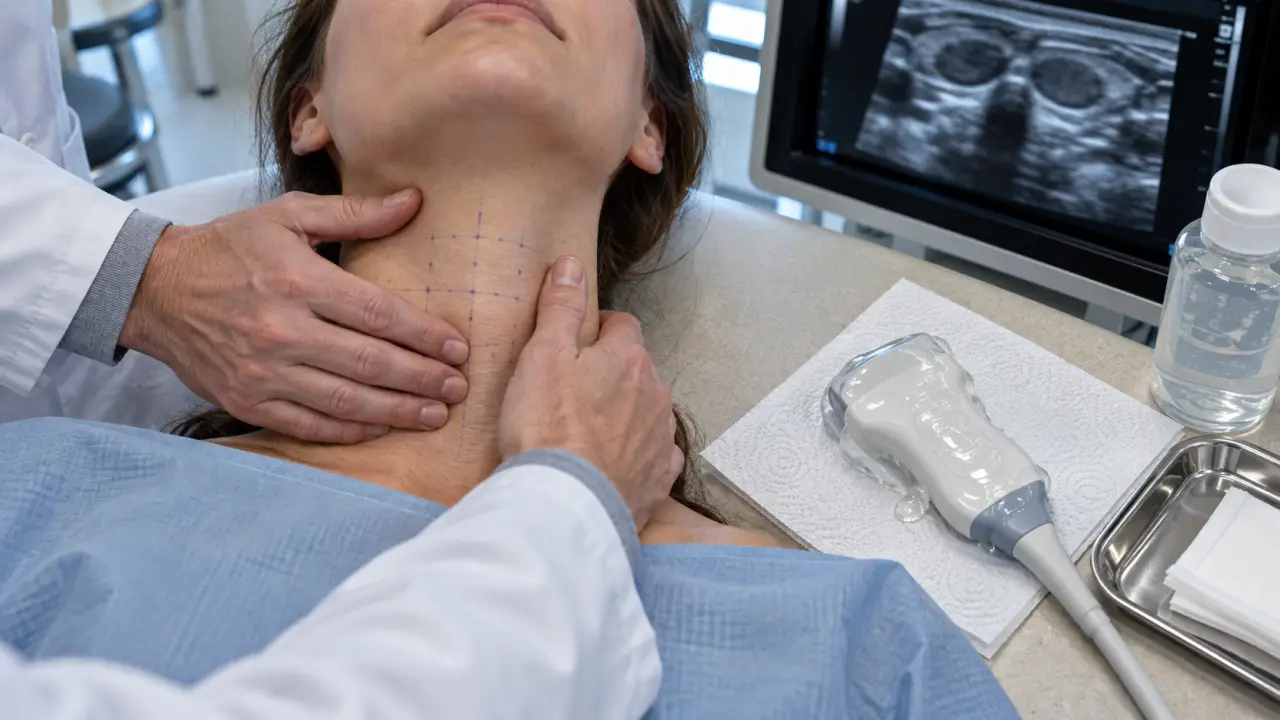 Échographie cervicale : sonde et gel sur le cou