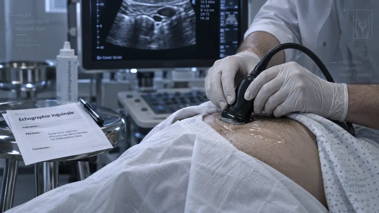 Échographie inguinale : sonde sur l’aine, hernie ou ganglion, examen