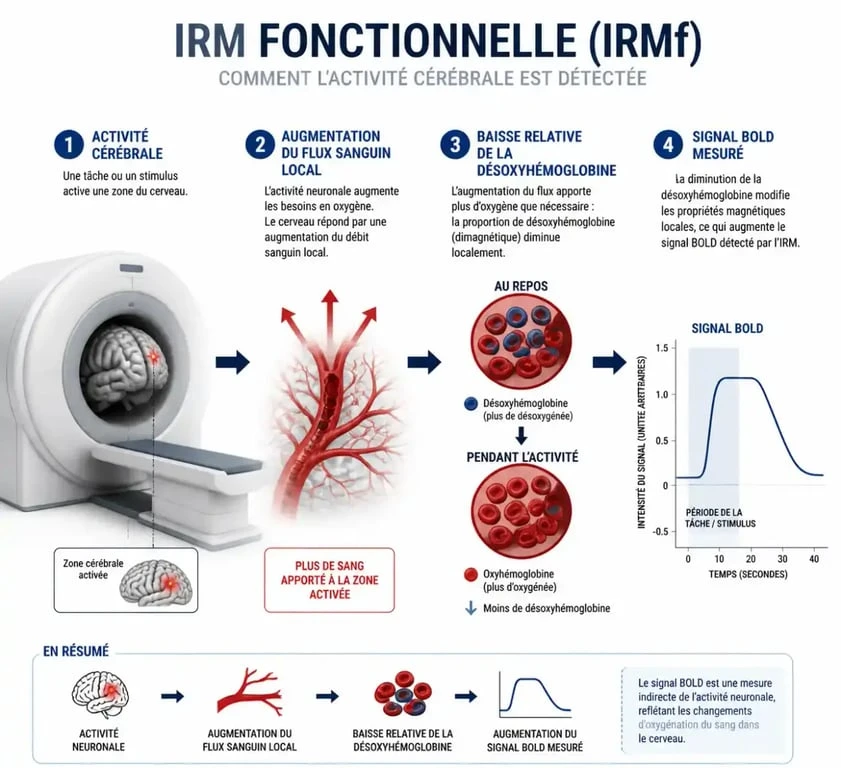 Schéma de l’IRM fonctionnelle montrant le signal BOLD et l’activité cérébrale