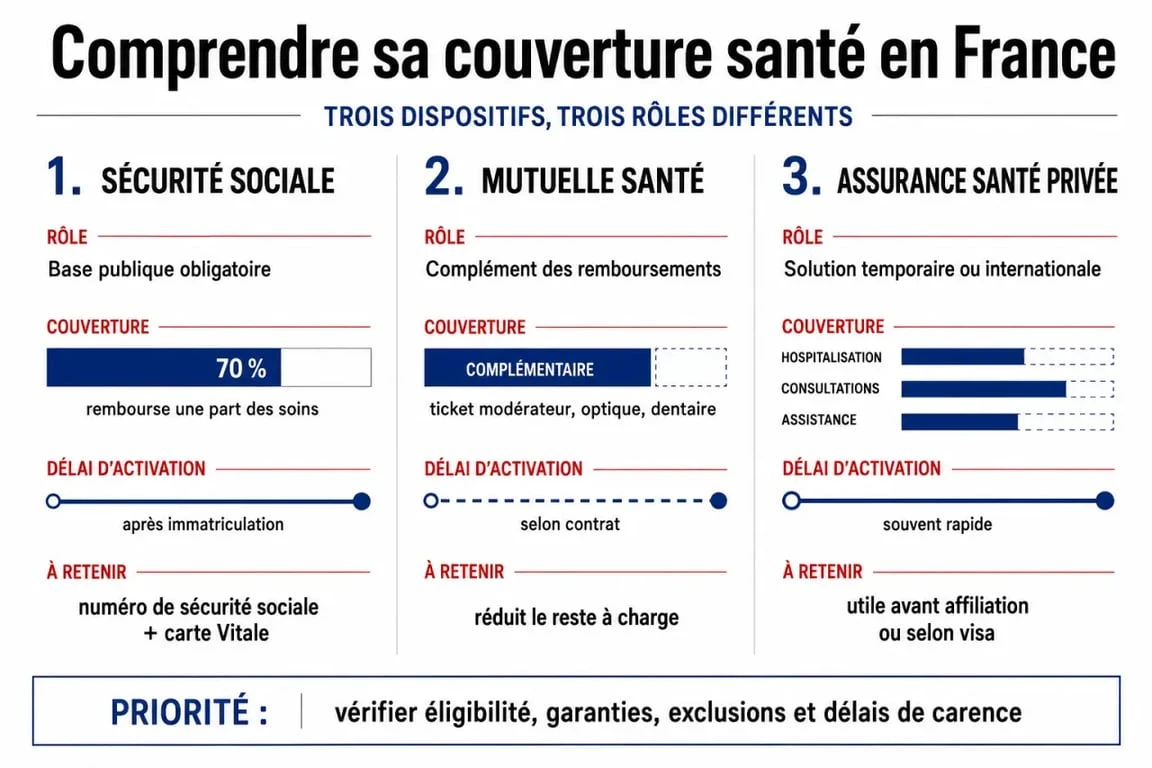 Comparatif assurance santé privée pour étranger en France entre Sécurité sociale, mutuelle santé et assurance privée