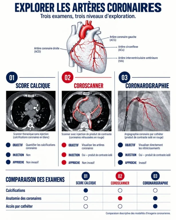 Infographie du scanner coronaire comparant score calcique, coroscanner et coronarographie