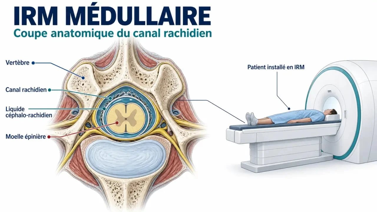 Schéma explicatif d’une IRM médullaire et de la moelle épinière dans le canal rachidien