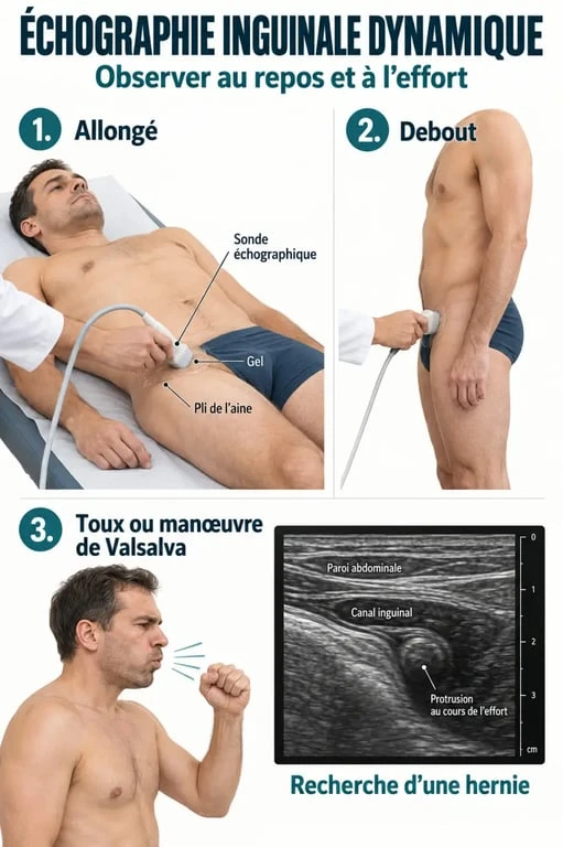Déroulement d’une échographie inguinale avec sonde, gel et manœuvre dynamique
