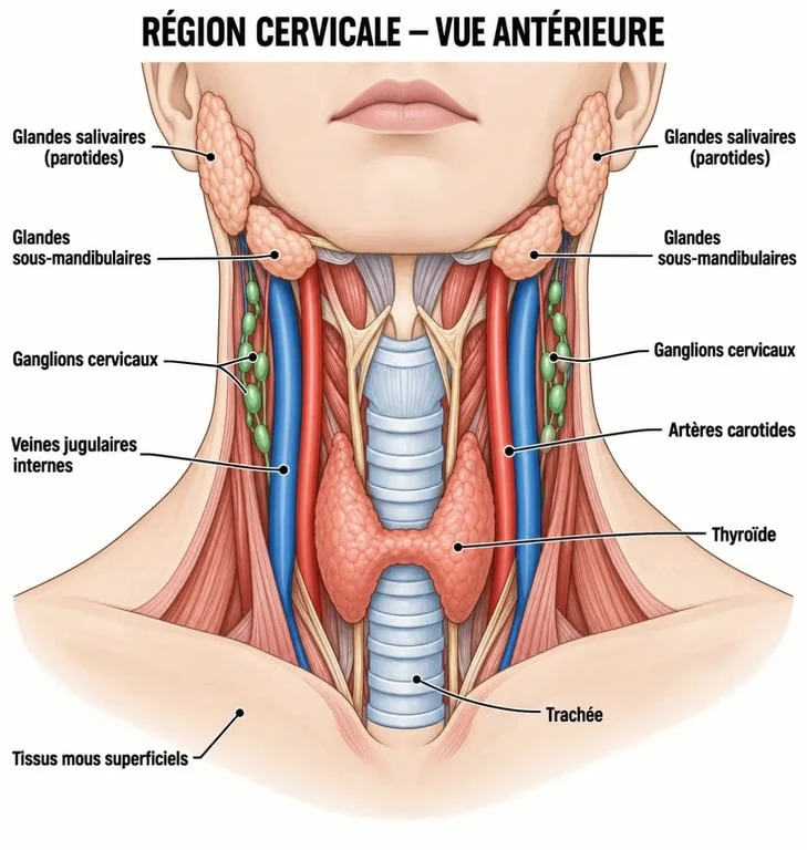 Schéma anatomique des structures examinées par une échographie cervicale