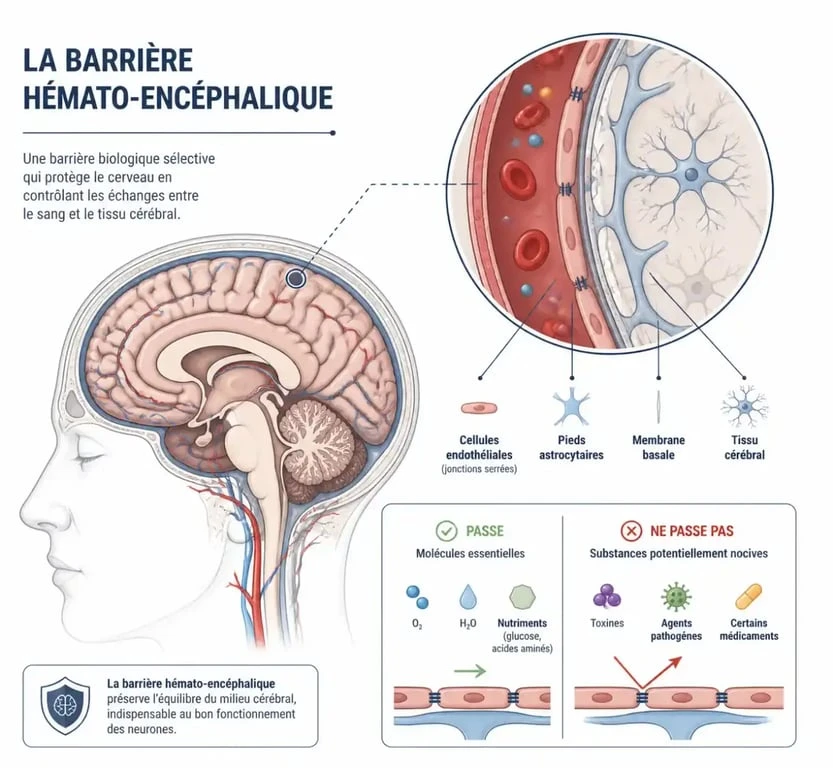 Schéma pédagogique illustrant le fonctionnement de l'IRM cérébrale et la barrière hémato-encéphalique