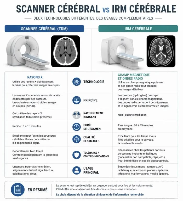 Tableau comparatif entre scanner cérébral et IRM cérébrale pour comprendre les différences d'examen