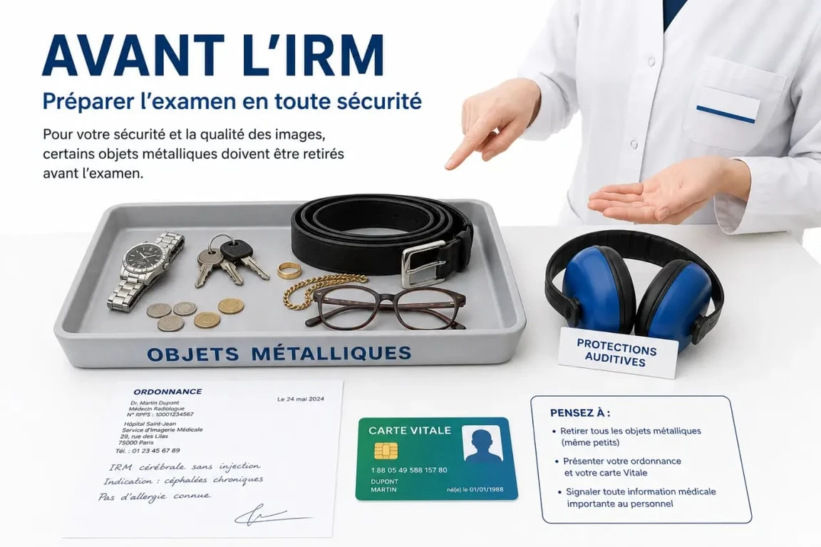 IRM salon de provence : préparation du patient avant l’examen avec ordonnance et objets métalliques retirés
