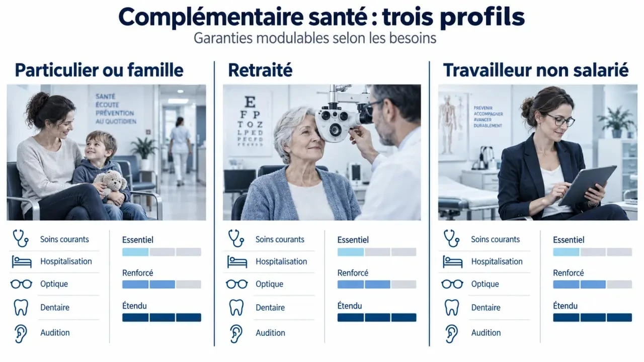 Infographie sur la SwissLife mutuelle santé selon les profils particulier, retraité et travailleur non salarié