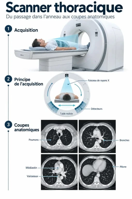 Schéma explicatif d’un scanner thoracique avec acquisition des coupes du thorax