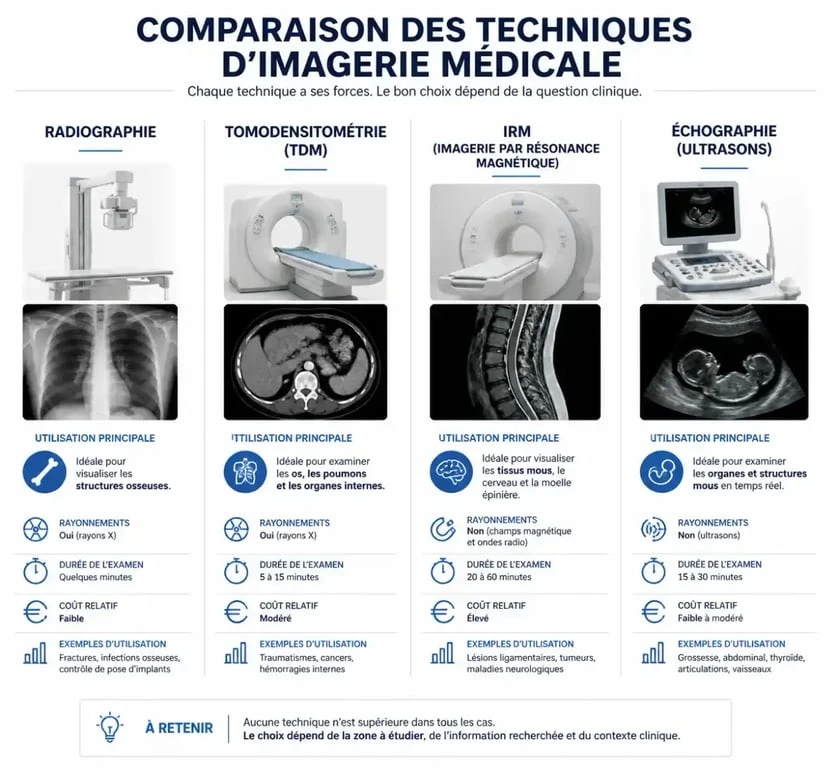 Infographie comparative des techniques d'imagerie médicale : radiographie, scanner, IRM et échographie.