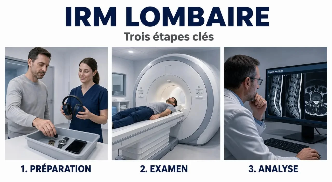 IRM lombaire : patient allongé dans l’appareil avec casque antibruit et déroulé de l’examen en trois étapes