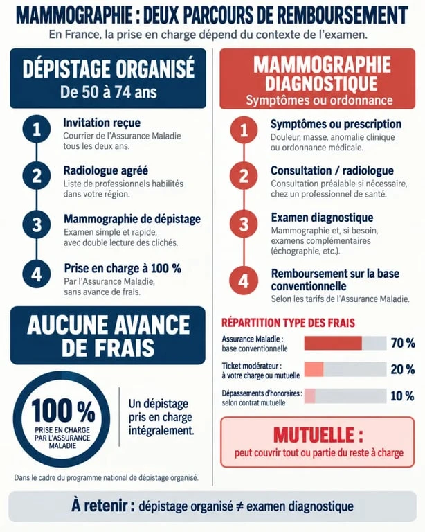 Infographie sur la mammographie remboursée : dépistage organisé à 100 % ou remboursement diagnostique avec mutuelle