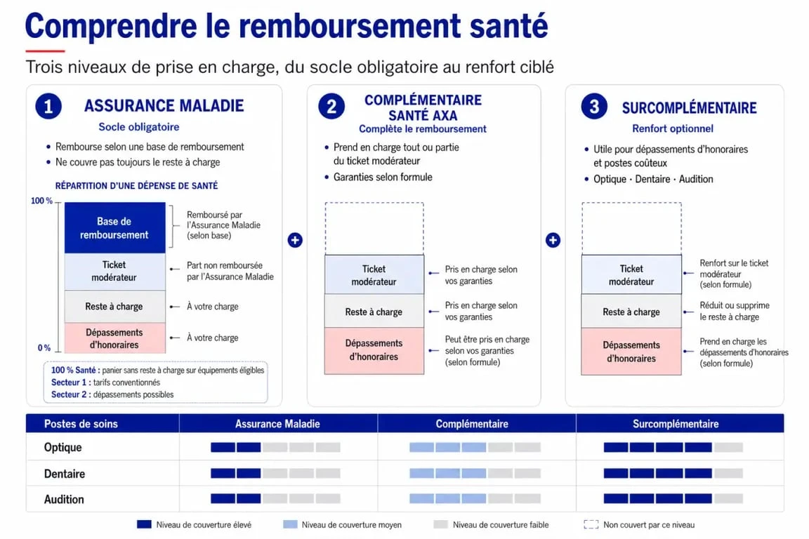 AXA assurance santé : visuel comparatif des garanties, du 100 % Santé et des dépassements d’honoraires