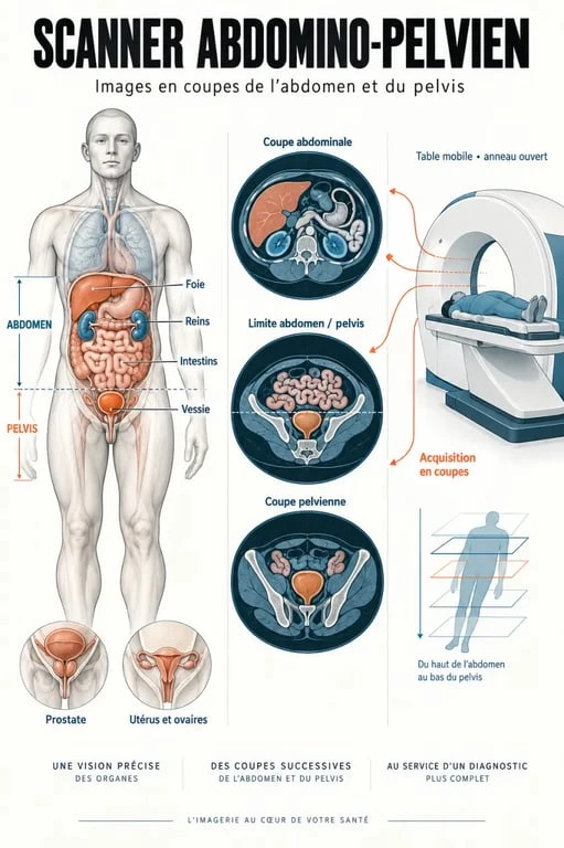 Schéma du scanner abdomino-pelvien et des organes visualisés
