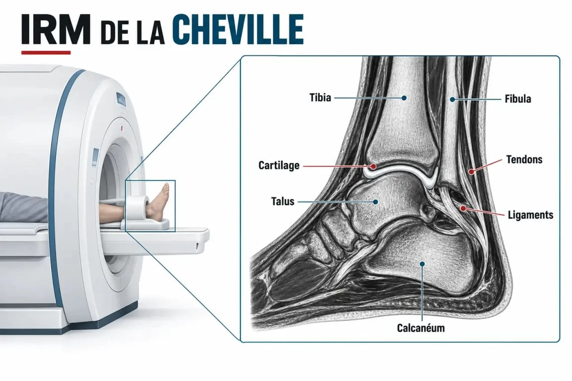 Schéma pédagogique d’une IRM de la cheville et des structures observées