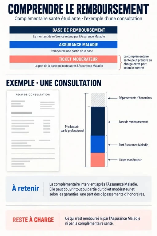 Infographie sur le remboursement d'une complémentaire santé étudiant et le reste à charge