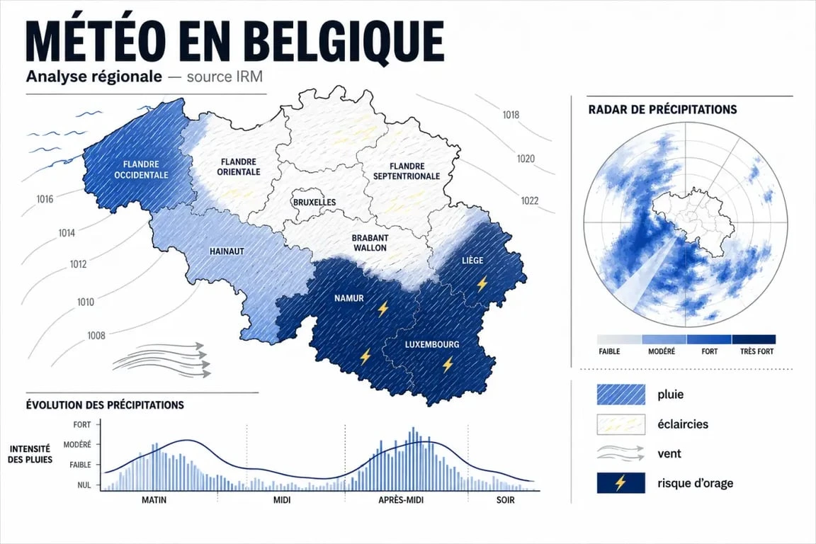 IRM Belgique : carte météo régionale de la Belgique avec pluie, vent et risque d’orage