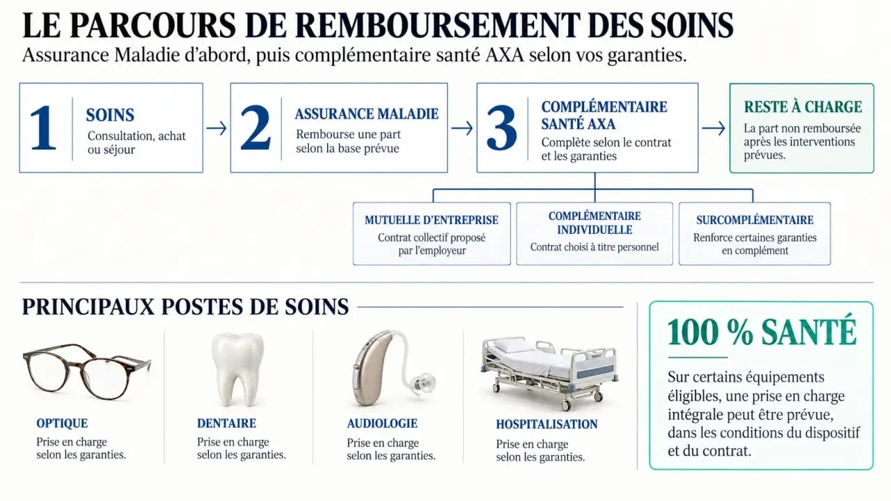 Complémentaire santé AXA : schéma du remboursement entre Assurance Maladie, mutuelle et reste à charge