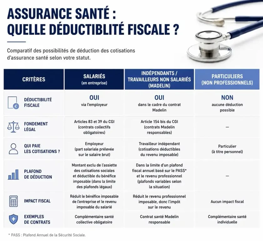 Tableau comparatif de la déductibilité fiscale de la mutuelle santé selon le statut professionnel