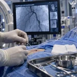 Radiologie interventionnelle : praticien en salle stérile, cathéter et angiographie fluoroscopie