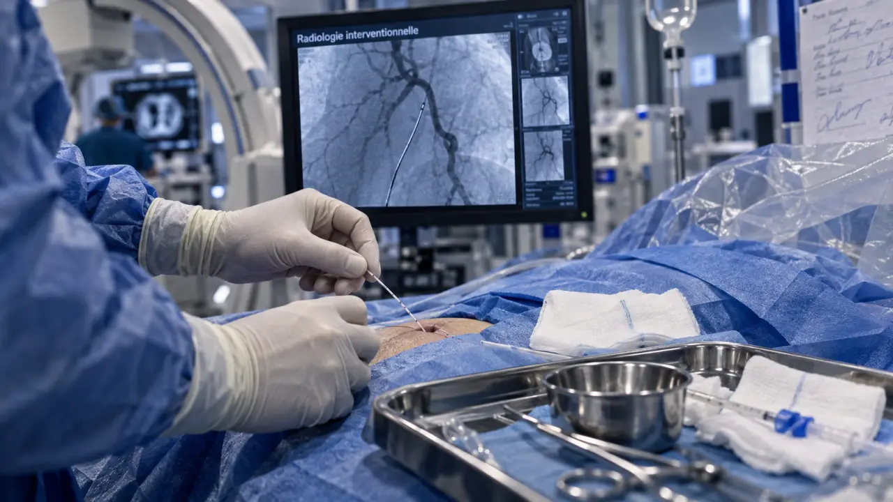 Radiologie interventionnelle : praticien en salle stérile, cathéter et angiographie fluoroscopie