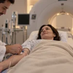 Scanner médical TDM : patiente sur table, manipulateur ajuste contraste