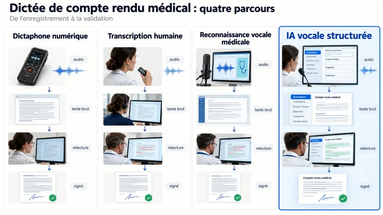 Dictée de compte rendu médical : comparaison entre dictaphone, transcription humaine, reconnaissance vocale et IA vocale