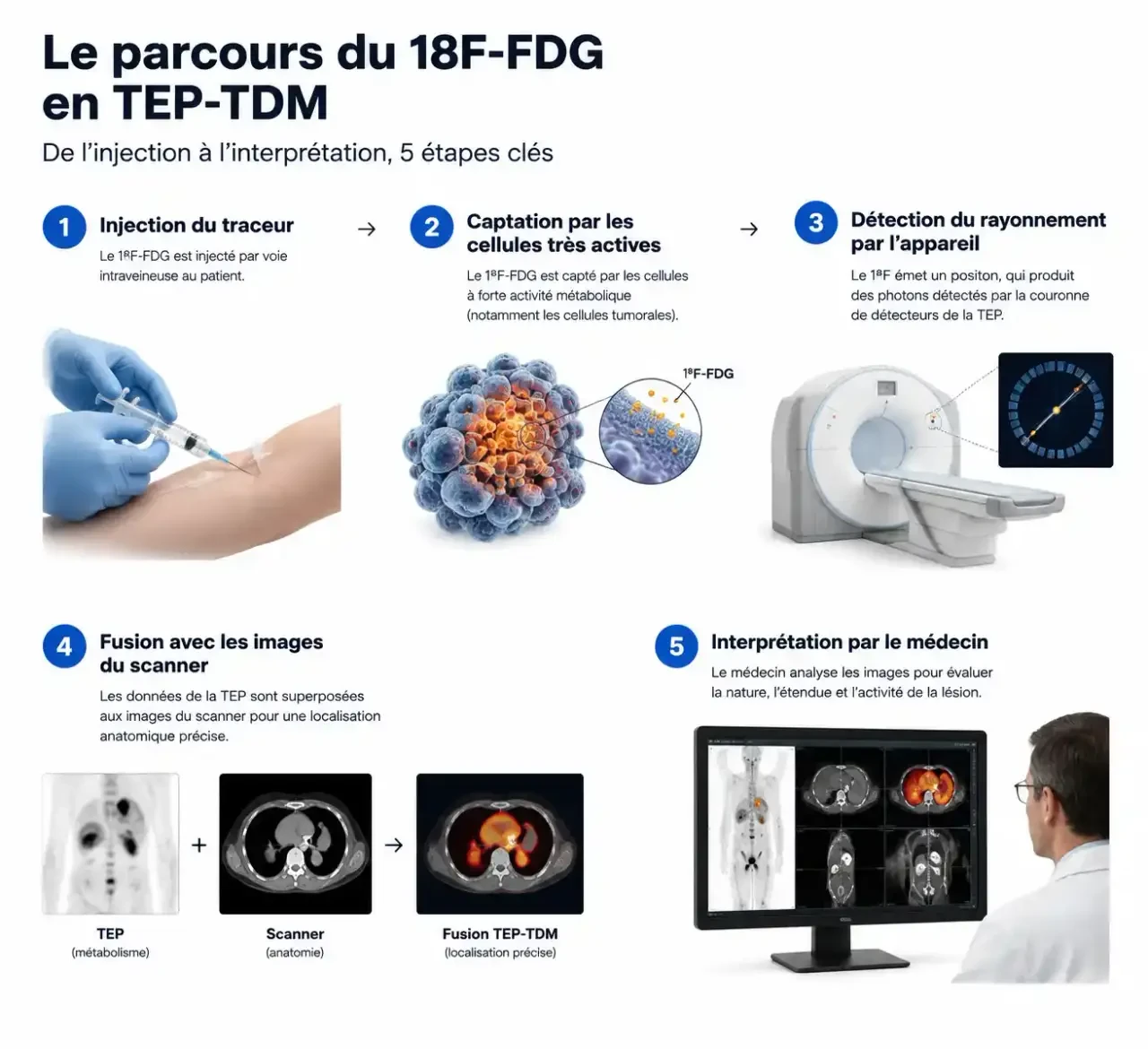 Schéma du parcours du traceur 18F-FDG expliquant l'hypermétabolisme au PET scan, de l'injection à l'interprétation