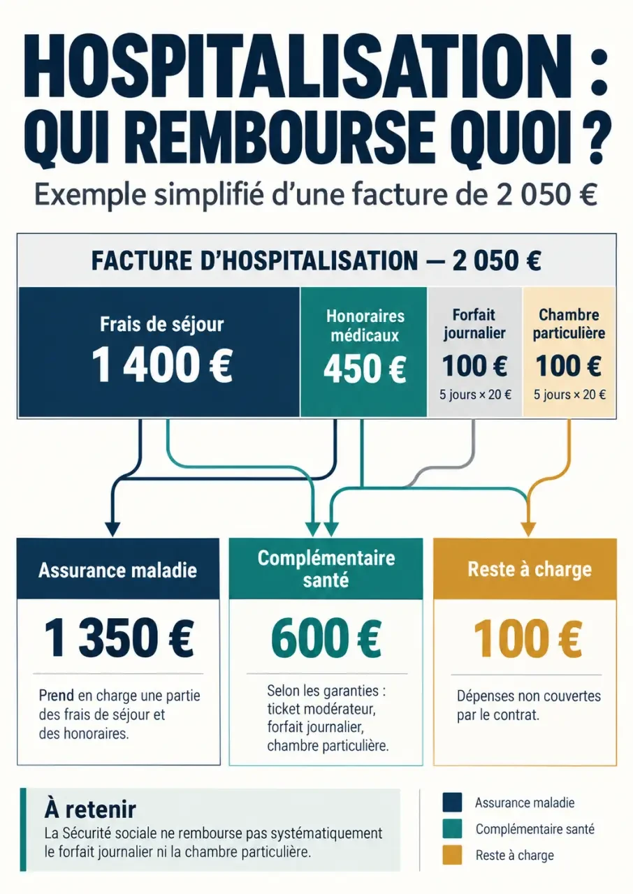 Infographie sur le remboursement d'une complémentaire santé hospitalière et le reste à charge