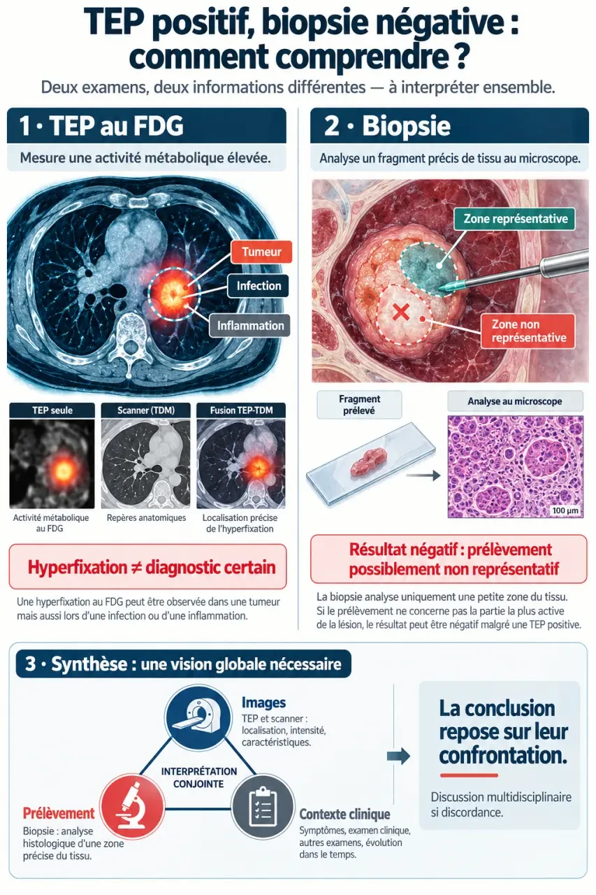 Infographie expliquant un pet scan positif avec biopsie négative et la différence entre hyperfixation et analyse d’un prélèvement